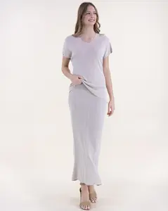 Two-Piece Set Sandy Thin Ribbed Short Sleeve V-Neck Knit Top & Pleated Maxi Skirt Womenswear Clothes Suits Gamis