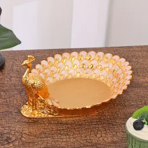 Elegant Peacock Theme Tray Decorative Piece, Multi-Purpose Metal Plate for Parties, Spacious Design, Fashionable Storage and Display