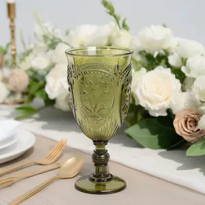 24-Pack Plastic Wine Glasses 10oz – Transparent Dusty Sage Green Vintage Goblets with Retro Embossed Design, Elegant Drinkware - 7" Tall