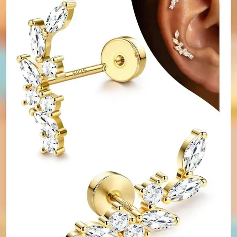 LOLIAS Women's Hypoallergenic 925 Sterling Silver Post Cartilage Earrings - 20G Flat Back, Lightweight High Quality Cartilage Fit Jewelry for Sensitive Ears, Olive Leaf Cubic Zirconia Ear Crawler for Tragus Conch Helix Piercings