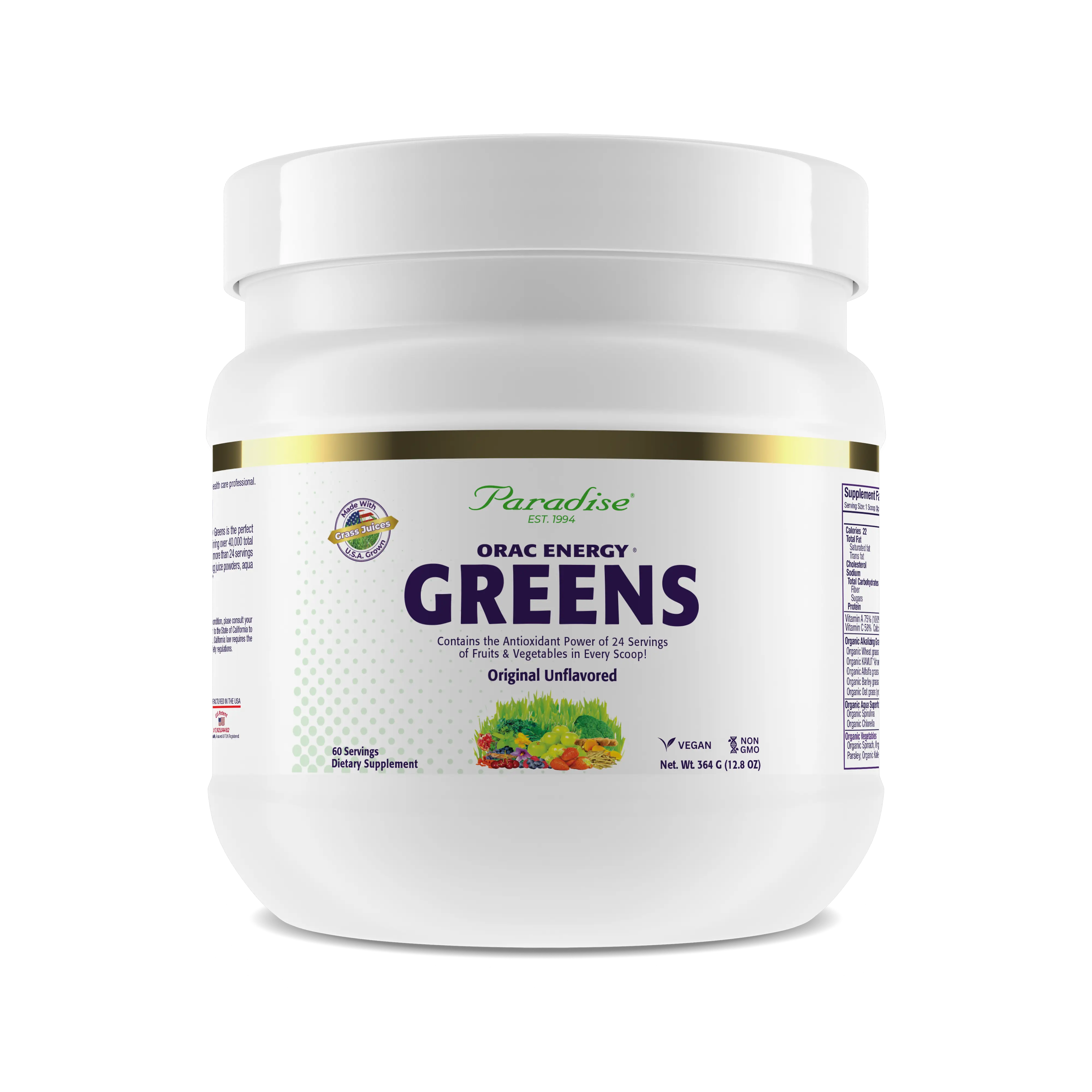 ORAC Energy Greens 60 Servings - Greens Formula - Spirulina - Wheat Grass - Chlorella - Immune - Energy - Adaptogens - GMO Free Dietary Supplement