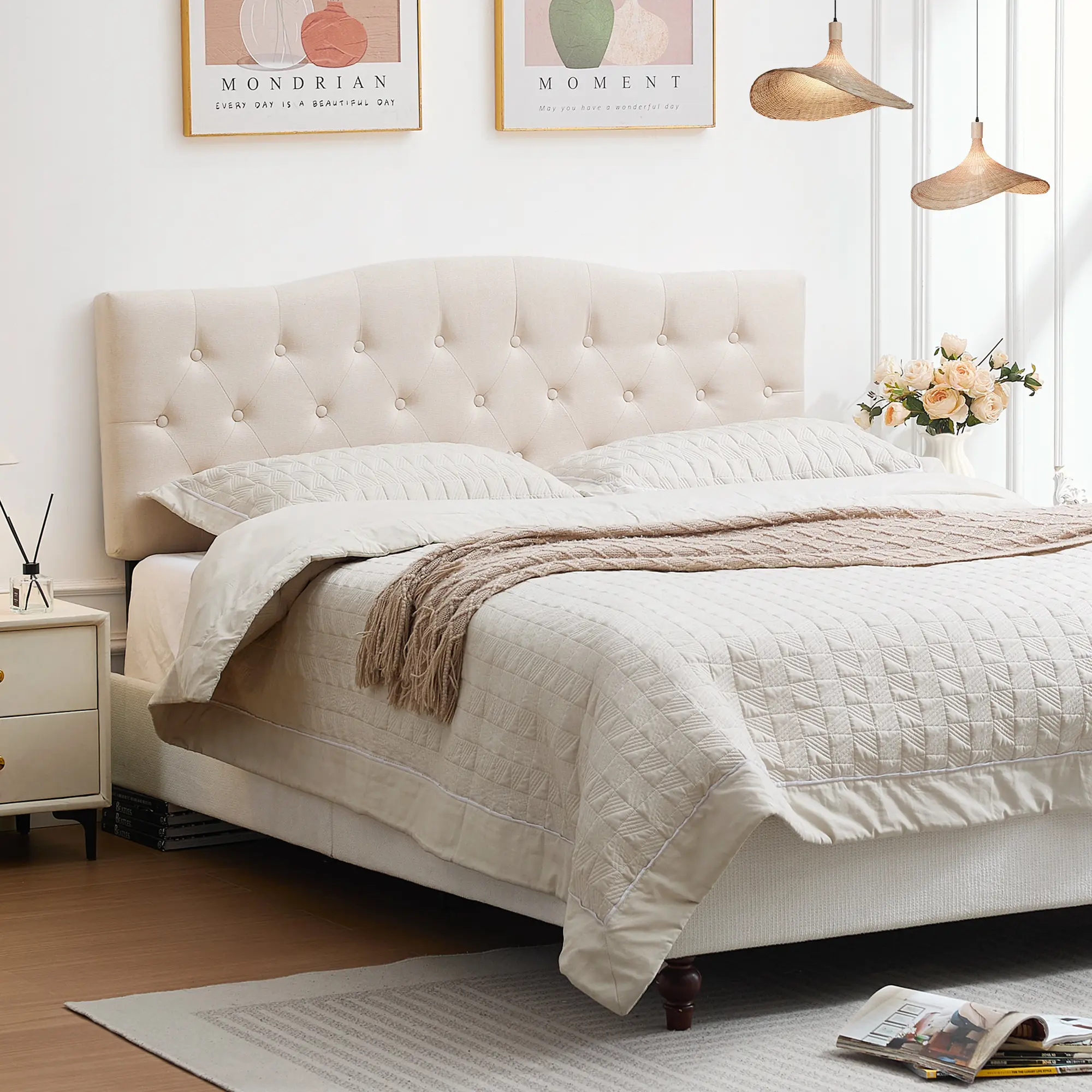 JONPONY Tufted Upholstered Headboard Queen Size, Solid Wood Head Board with Durable Metal Legs, Adjustable Height Head Board