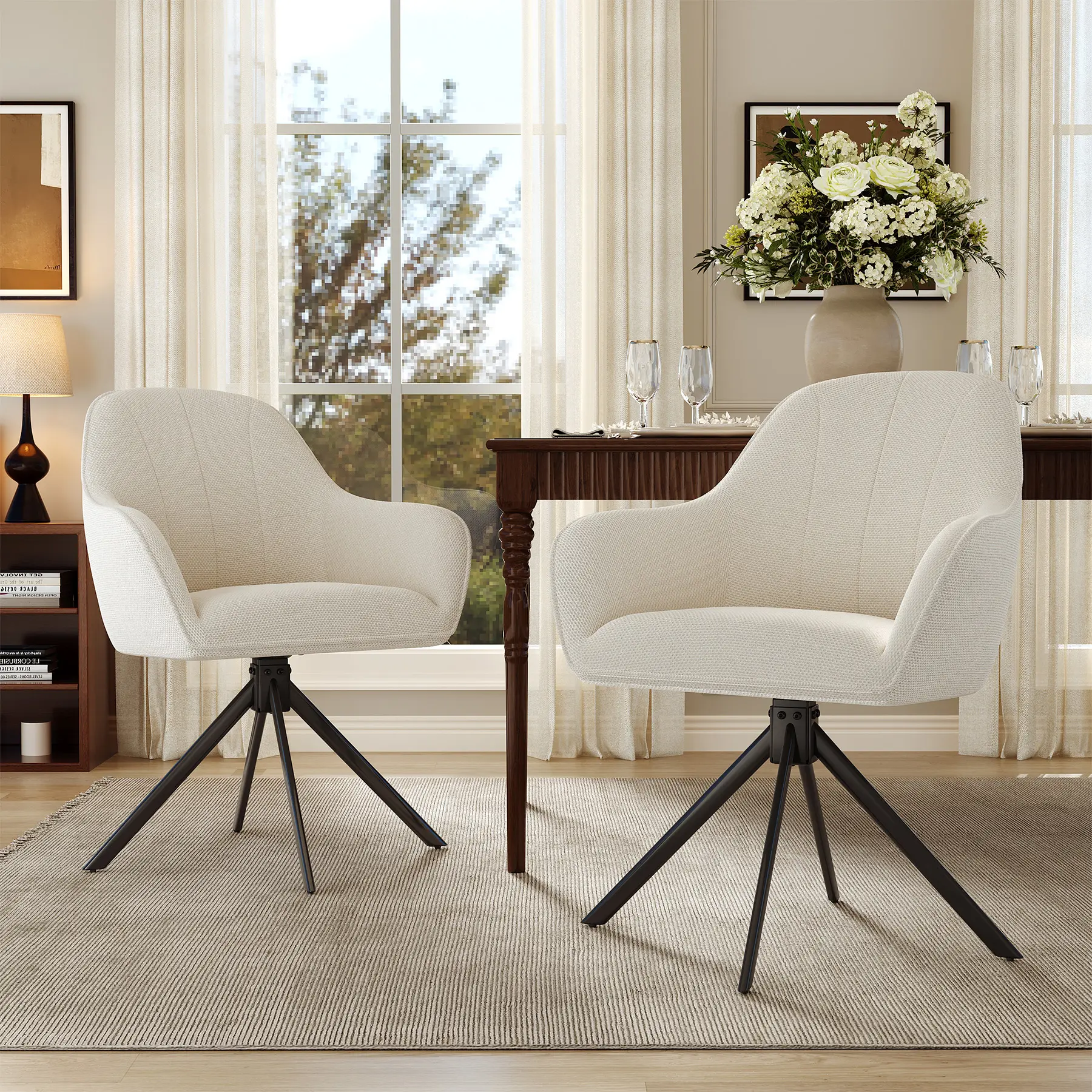 Dining Room Swivel Chairs, Set of 2/4, with Armrests, Upholstered Chairs with 5 cm Cushions and Metal Legs, Modern Kitchen Chairs for Dining Room, Living Room, Office,