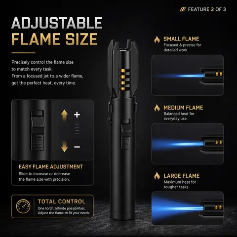 Metal Body Windproof Jet Torch Camping Lighter with Flashlight, Adjustable Flame with Safety Lock, Black - Unisex Outdoor Essential for Camping, Barbecue, Candles - Fathersdaygift (Butane Gas Excluded, Fireplaces Compatible)