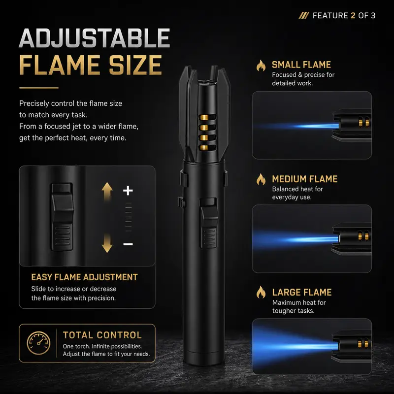Metal Body Windproof Jet Torch Camping Lighter with Flashlight, Adjustable Flame with Safety Lock, Black - Unisex Outdoor Essential for Camping, Barbecue, Candles - Fathersdaygift (Butane Gas Excluded, Fireplaces Compatible)
