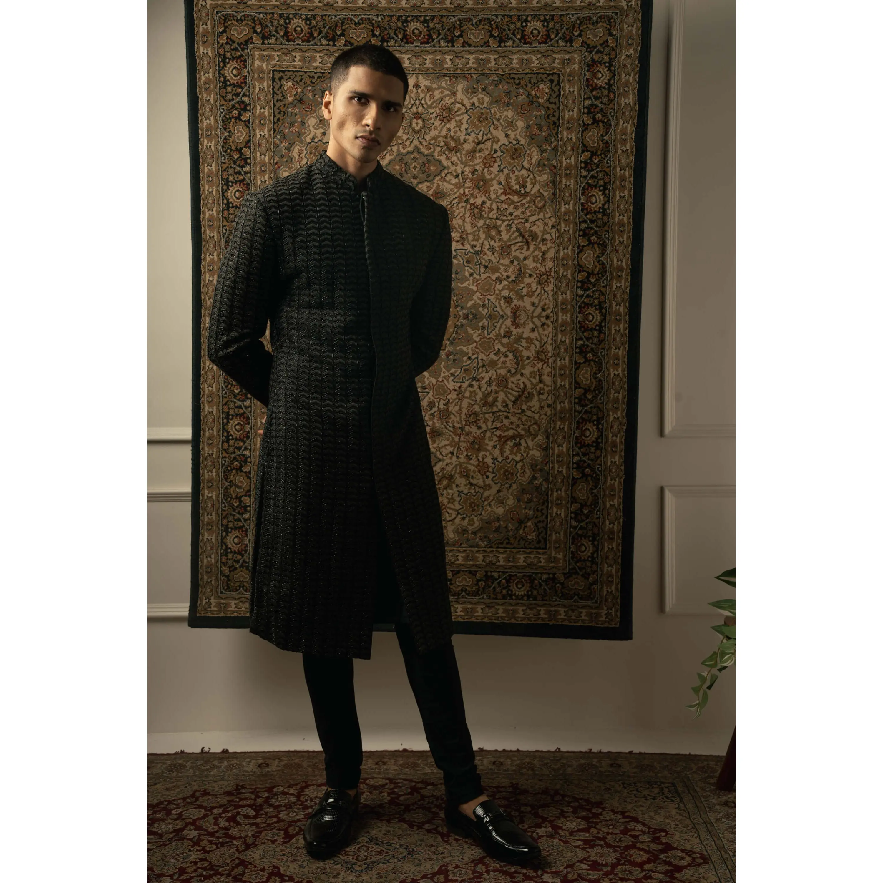 Black silk embroidery sherwani set
