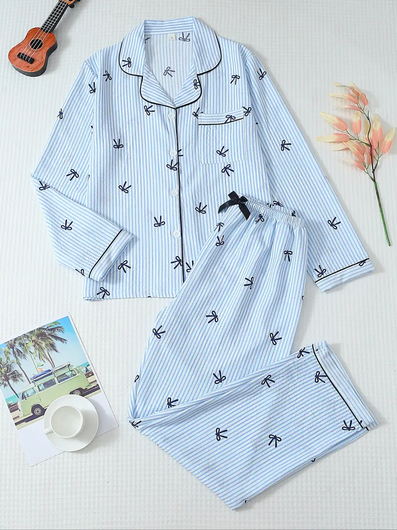 Women's Striped Long Sleeve Pajama Set with Bow Prints, Sweet Cute Button Front Top and Pants, Casual Home Wear Loungewear for All Seasons