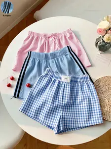 3-Pack Women's Casual Elastic Waistband Shorts, Plaid & Striped Patterns, Elastic Waist, Loose Fit, Summer Daily Wear, Outdoor Comfortable Pants