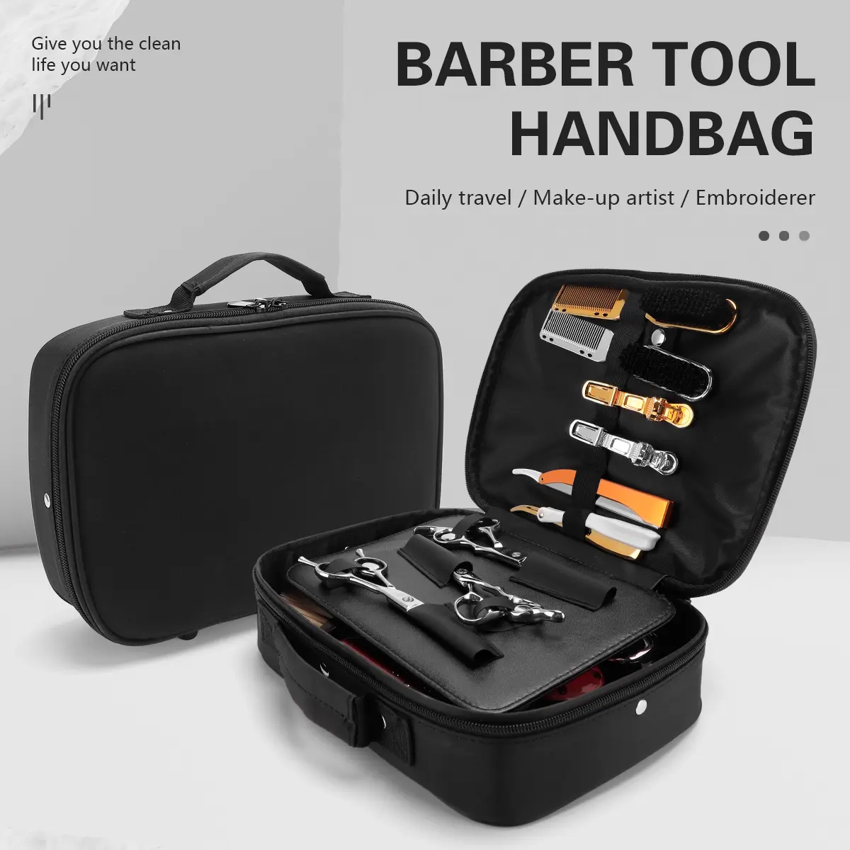 Portable Barber Tool Handbag, Large Capacity Hair Stylist Scissor Carrying Case with Elastic Straps & Zipper Organizer, Travel Barber Bag for Clippers, Trimmers, Combs, Razors, Makeup & Beauty Tools, Black