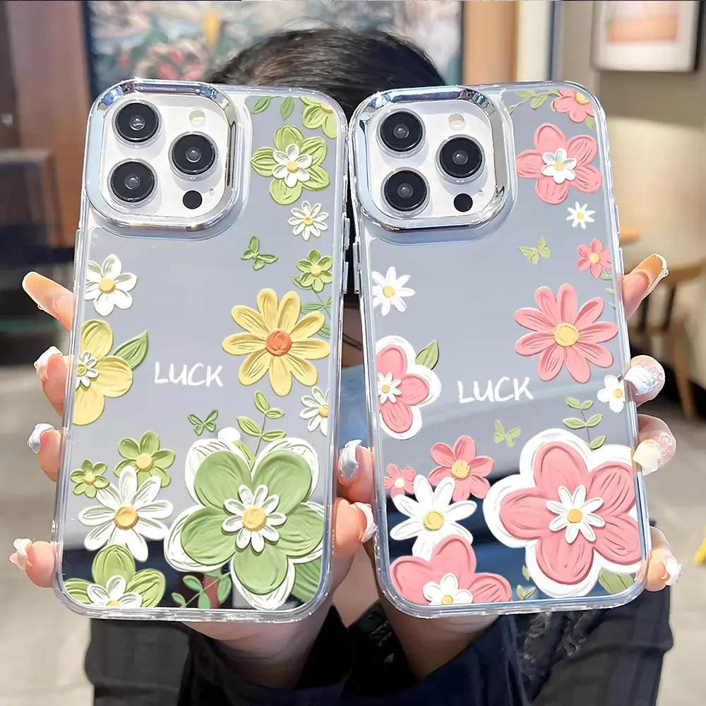 Elegant Fresh Floral LUCK Mirror Surface Phone Case, Trendy Personalized Mirror Protective Cover, Premium Texture, Perfect Holiday Gift Compatible with iPhone 17 Pro Max