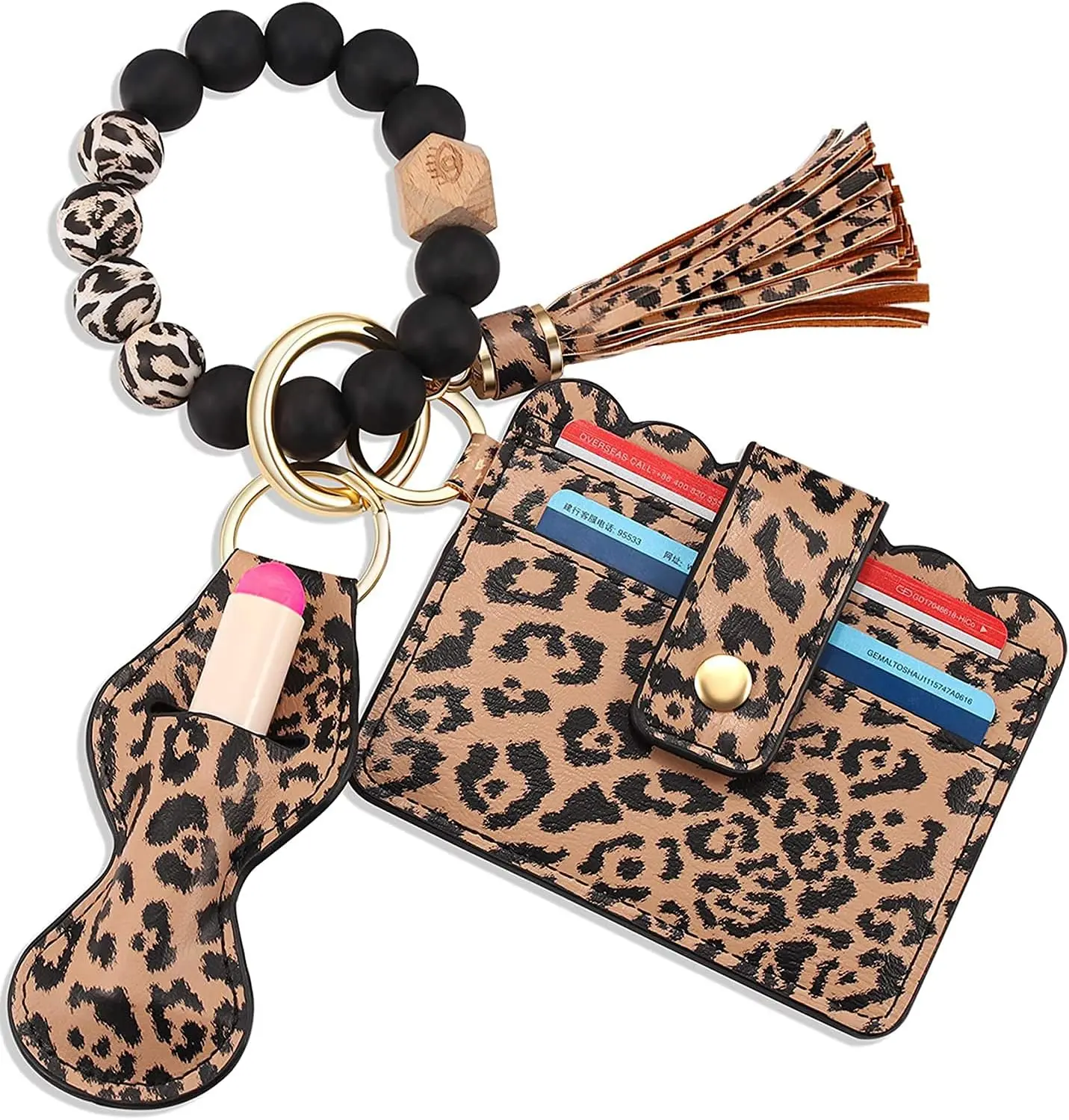 Women's Wristlet Keychain Bangle, Silicone Beaded Bracelet with Leather Card Holder Wallet, Metal Clasp, Tassel, and Lipstick Pouch, Female, Casual Wear, Practical Swivel Metal Clasp, Pool