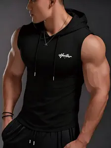 Men's Sleeveless Hooded Gym Vest, Slim Fit Muscle Cut, Minimalist Style, Breathable Elastic Fabric, Ideal for Fitness Training & Daily Wear