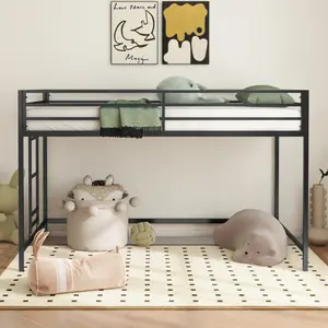Adam Junior Twin Metal Loft Bed - Black Sturdy Frame, Easy-Climb Ladder, Full-Length Guardrails, Plastic Components, Secure Design, Modern Style, Space-Saving, 350LBS Capacity, Anti-Noise, Assembly Required, No Box Spring (for Dorm Teens)