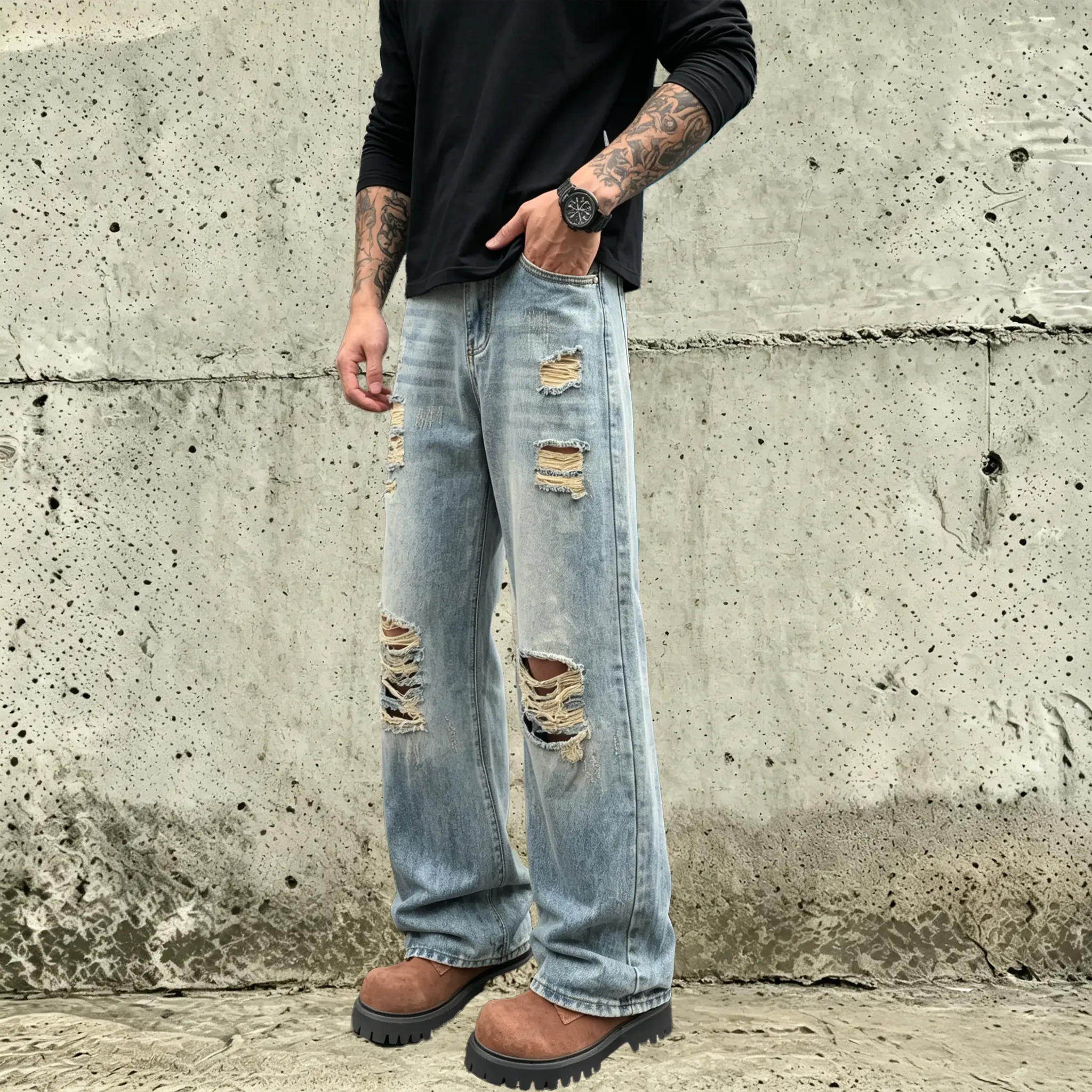Men’s wide-leg denim jeans washed with yellow clay, multi-layered stretch fabric, large rips, vintage distressed frayed hem, streetwear style, drapey straight cut, floor-length pants
