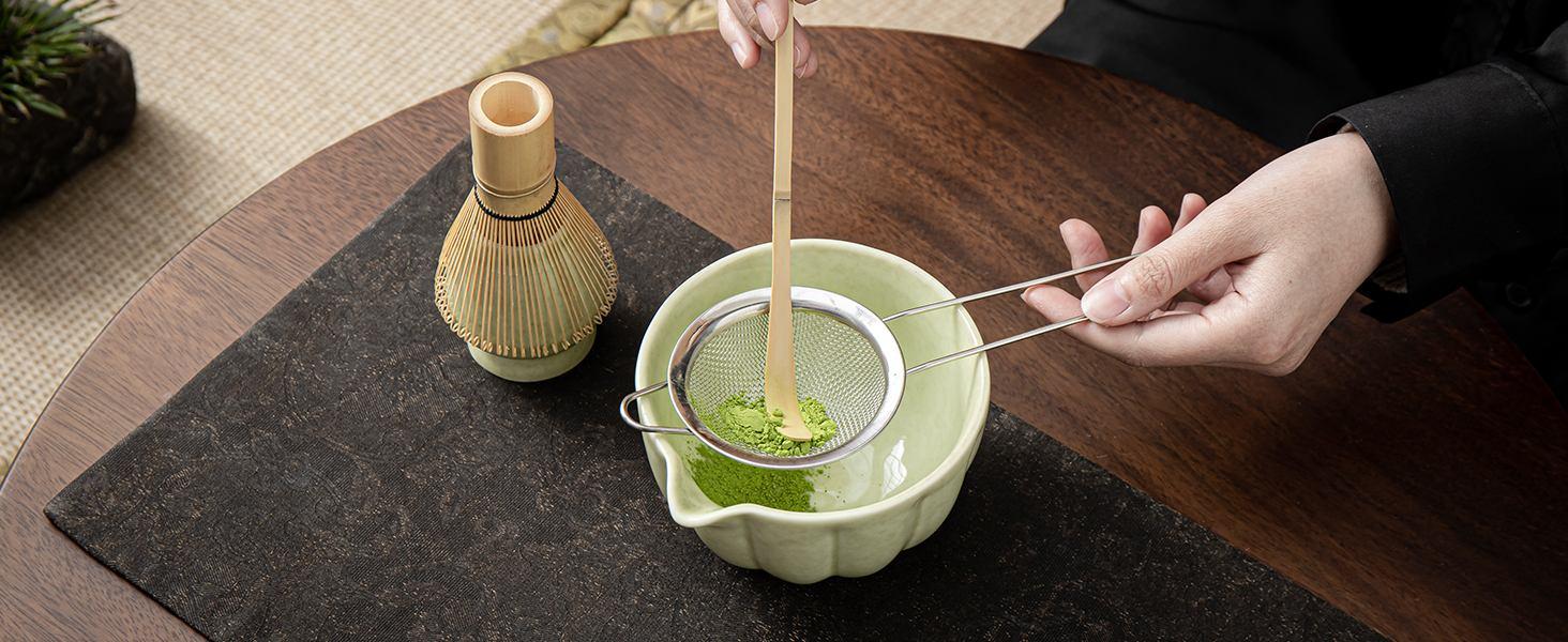 Matcha Whisk Set, Matcha Bowl with Spout, Matcha Whisk, Chasen Holder, Sifter, Bamboo Scoop - 5 Pcs Perfect Matcha Making Kit for Matcha Lover and Tea Ceremony (Speckled Green)