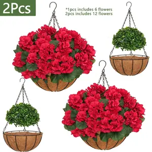 2pcs Artificial Geraniums with Hanging Baskets, 12 Bundles UV Resistant Artificial Outdoor Plants, Fake Red Flowers for Spring Front Porch Home Patio Balcony Yard Decor