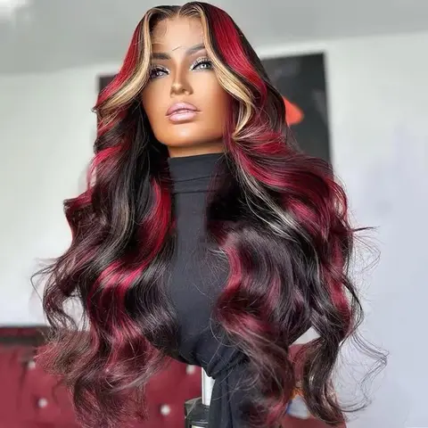 Body Wave Black Red Blonde Highlights Human Hair Wig  Transparent Lace Frontal Wigs Pre Plucked with Baby Hair 180% Density Blonde Red Highlights Wig 13X4 Pre Plucked Lace Front Wig