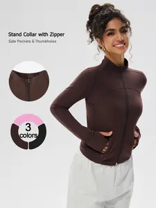 Women's sports jacket solid color slim fit pocket zipper jacket anti slip thumb hole yoga suit top gym exercise training Pilates tennis golf women's jacket top