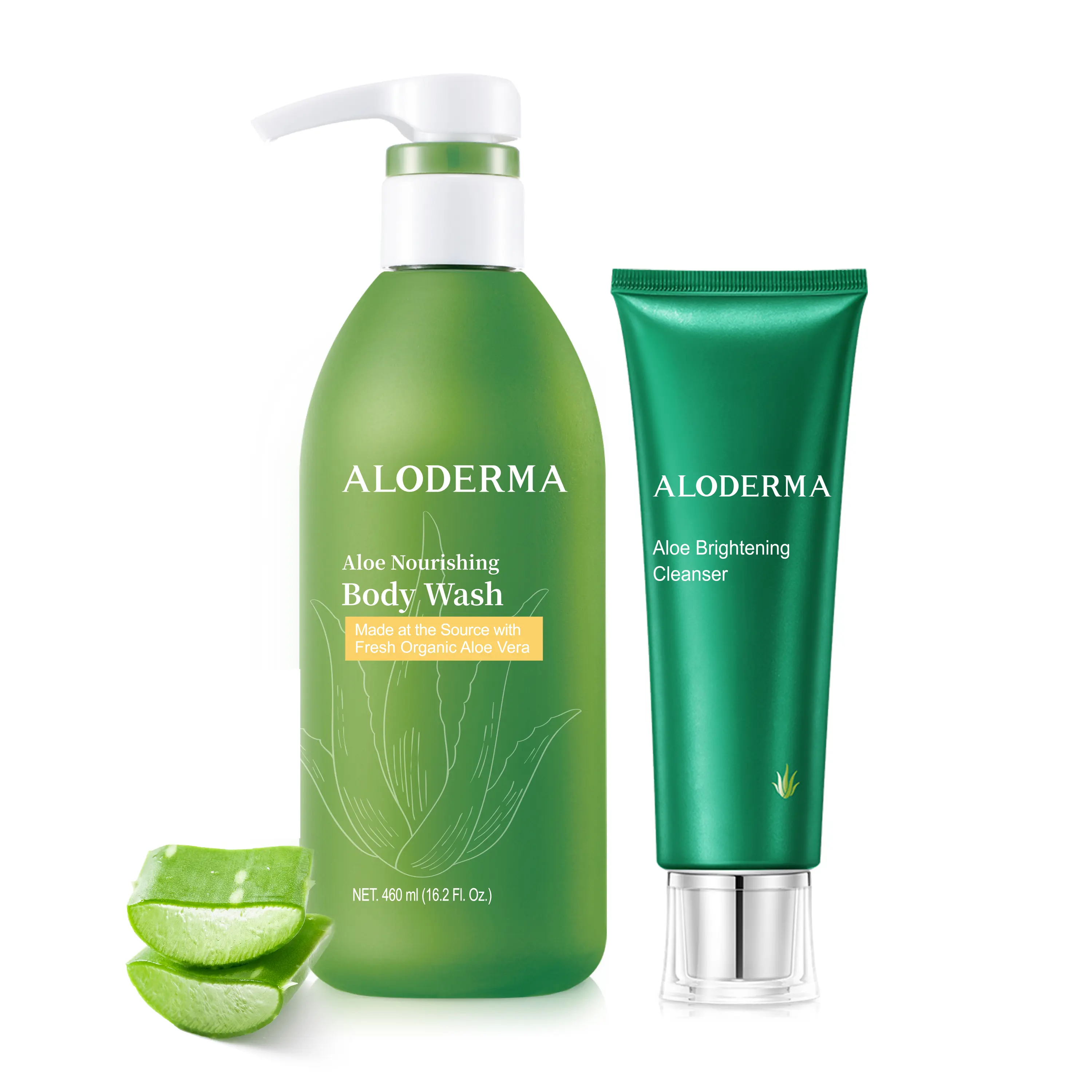 ALODERMA Organic Aloe Face & Body Care Shower Set - Nourishing Liquid Body Wash, Brightening Facial Cleanser with Shea Butter, Soothing Gentle Moisturizer for Sensitive Skin, Farm-Grown, 12hr Harvest, American Aloe, 600ml