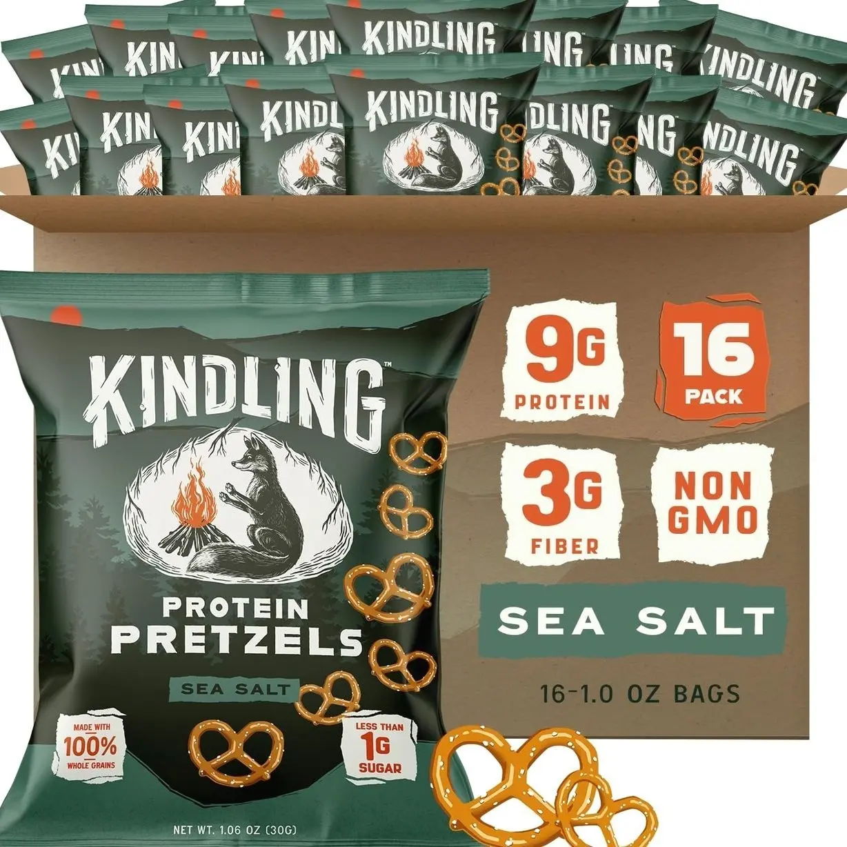Kindling Protein Pretzels - Sea Salt | Protein-Packed Snack Size Bags | Kosher | 8-9g Protein Per Serving | No Artificial Flavors, Soy-Free | Lunches, Office Snacks, & On-the-Go | 16-Count (1.06oz Bags)