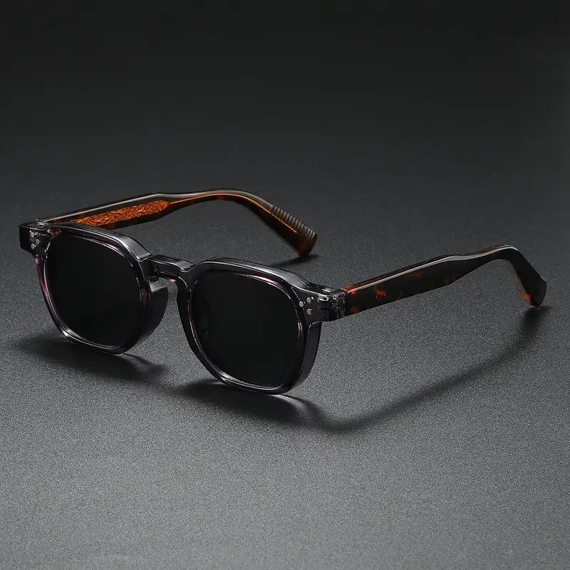 Men's Sleek Vintage Square-Frame Sunglasses - Transparent Gray Acetate Frame, Tortoise-Patterned Engraved Temples, Black UV400 Lenses, Lightweight Eyewear, Street Style Shades, Cool Gifts for Guys, Guys Gifts, Men's Accessories