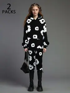 Unisex Kapok Hoodie & Sweatpants Set, American Retro Style, Fitted Thick Fabric, Fall Winter Casual Wear, Men Women Daily Outdoor Activities