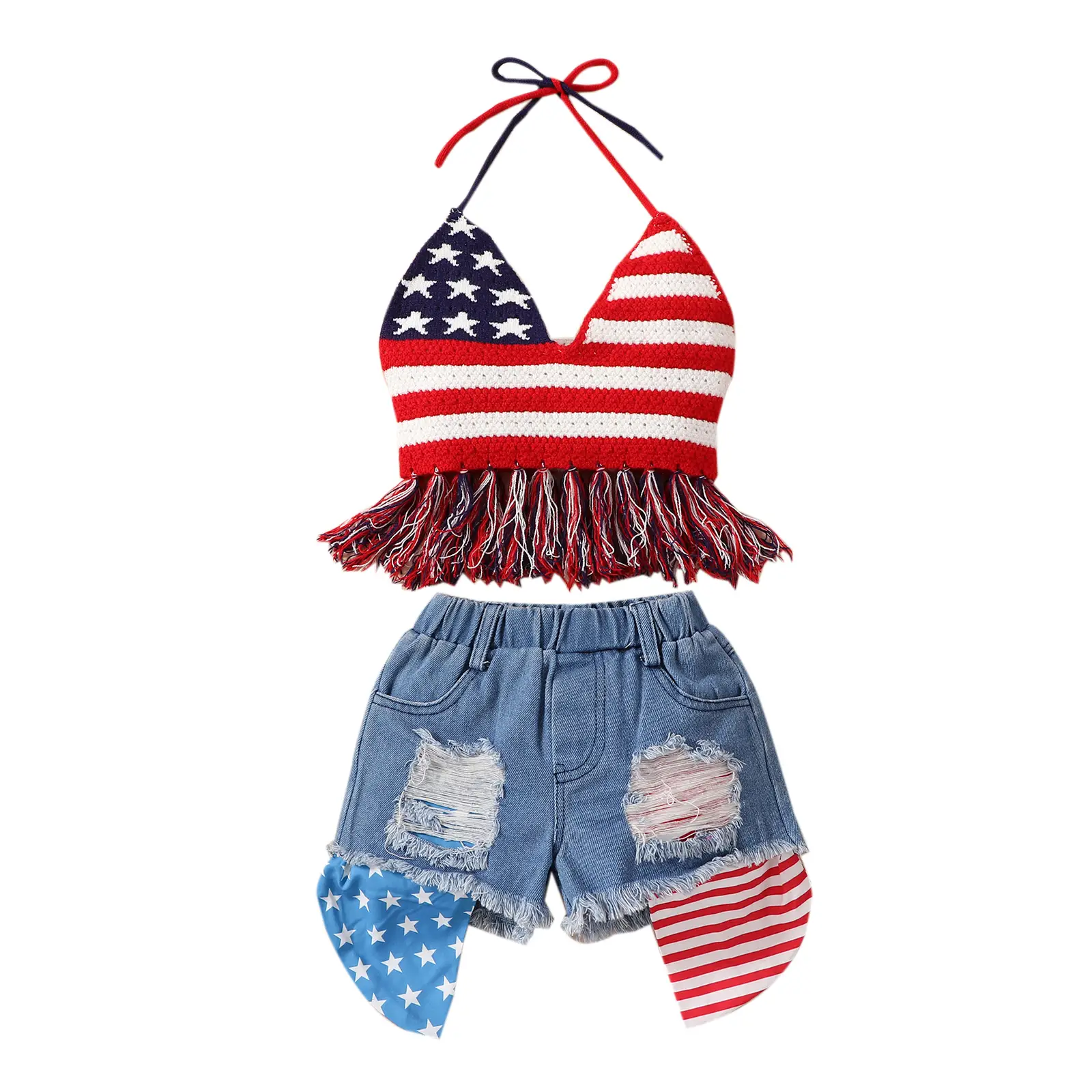 2pcs Toddler Girls Summer Outfit Sets Sleeveless Stars Striped Patchwork Vest + Ripped Denim Shorts