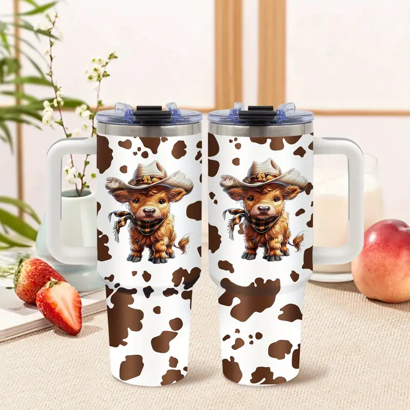 1PC 40oz Classic Highland Cattle Cow Print Stainless Steel Insulated Vacuum Flask Water Bottle - Travel-Ready Lid, Straw-Easy Sips, Portable Kitchen Drinkware, Ideal Easter Present for Cow Lovers, Mom & Family