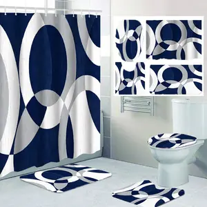 1pc/4pcs Blue And White Circular Print Shower Curtain Set, Bathroom Set Includes Shower Curtain, Non-Slip, Toilet Lid Cover, Bathroom And 12 Plastic Hooks, Bathroom Additions, Gifts, Home Decoration