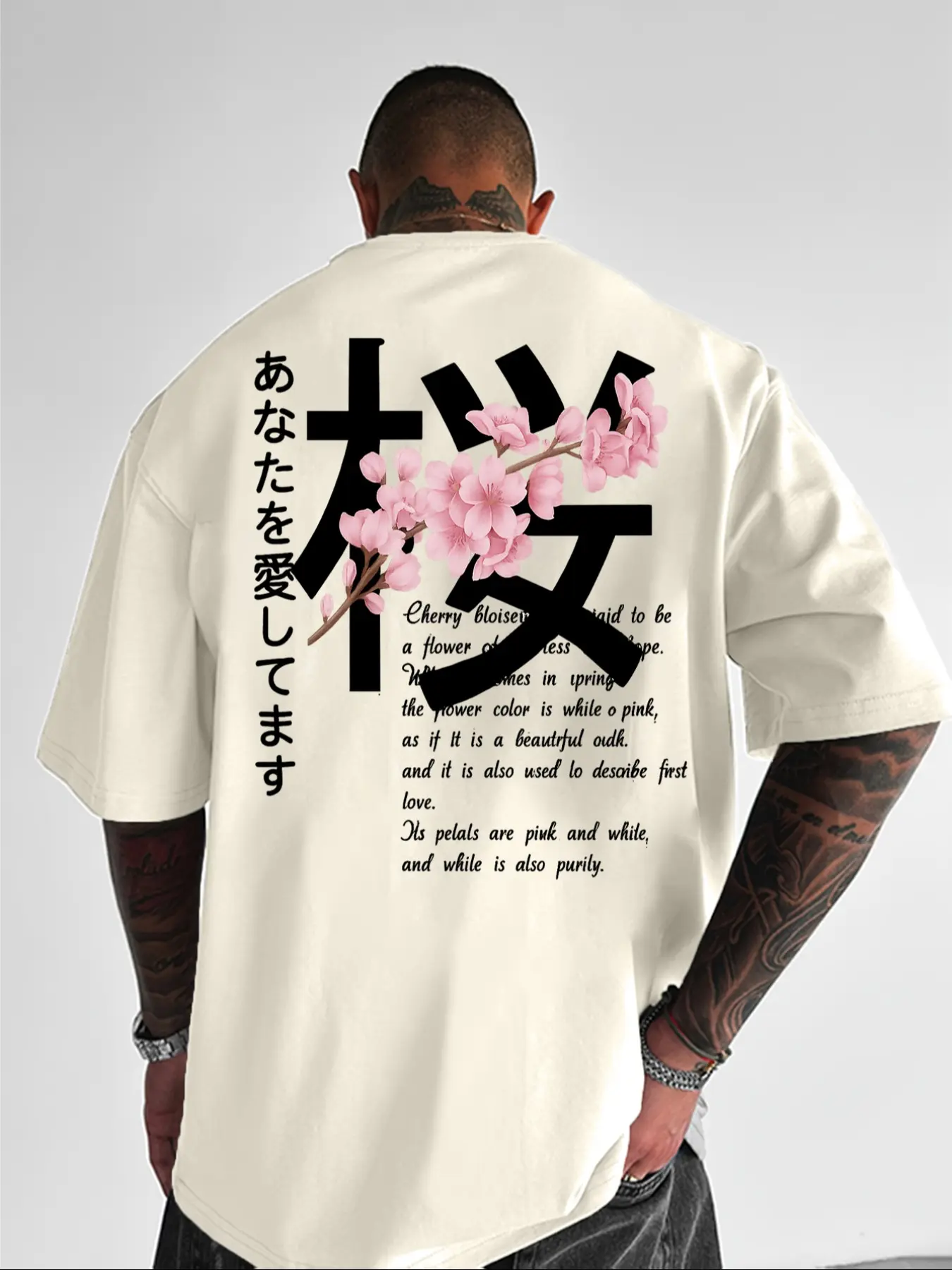 Japanese Aesthetic Sakura Graphic Oversized Menswear T-Shirt | Harajuku Streetwear Cherry Blossom Print Man Tee | Lightweight Breathable & Wrinkle-Resistant Smooth Fabric Top | Perfect for Street Photography & Daily Clean Fit | Clothes