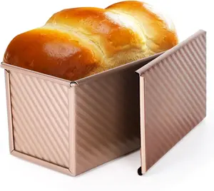 Pullman Loaf Pan With Lid, Non-Stick Carbon Steel Corrugated Bread Toast Box Mold With Cover Baking Tools - Gold