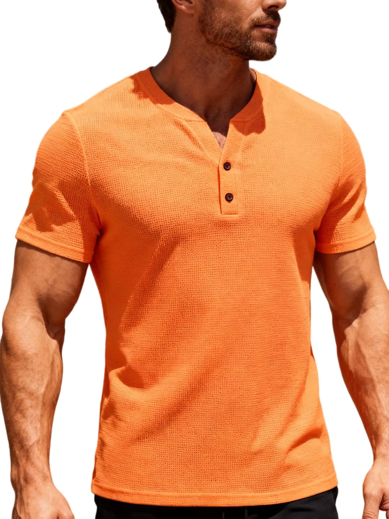 Men's Waffle Knit Henry Neck T-Shirt, Short Sleeve Slim Fit Classic Casual Top, Breathable Textured Fabric, Daily Wear, Streetwear, Street Style, Light Business, Henley, Menswear