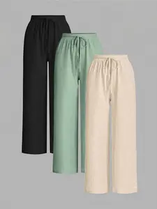 Women's Solid Color Wide Leg Pants, Casual Comfy Tie Front Trousers for Daily Wear, Ladies Bottoms for All Seasons