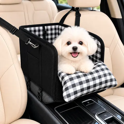 Anti-Anxiety Center Console Dog Car Seat for Small Dogs, Armrest Booster Seat with Built-in Safety Tether, Soft Plaid Cushion & Cozy Travel Bed for Chihuahua, Yorkie