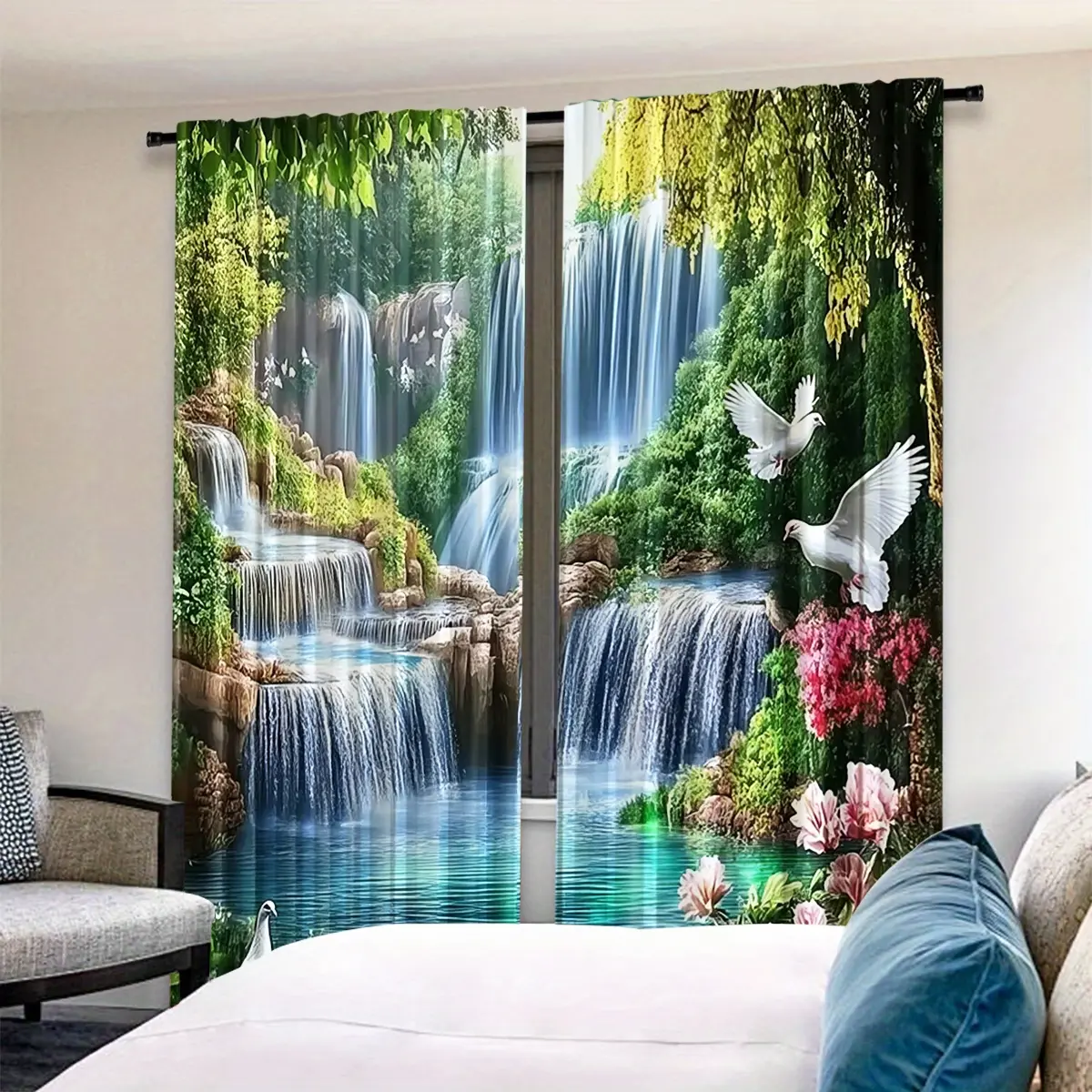 Mountain Waterfall Dove Print Curtain Set, Natural Healing Style, 2 Pieces, Suitable for Living Room Bedroom Decor