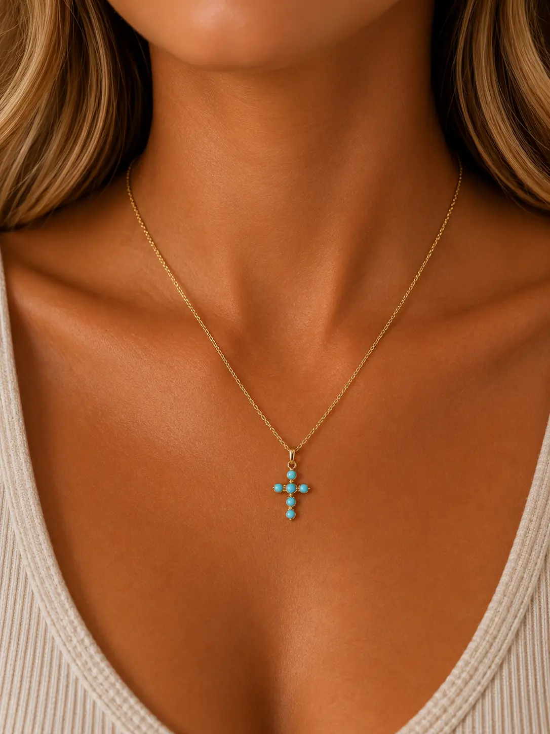 Turquoise Cross Pendant Necklace - Delicate Gold-Tone Chain, Western-Inspired, Adjustable Lobster Clasp, Perfect for Layering, Women's Everyday Jewelry, Faith & Western Theme