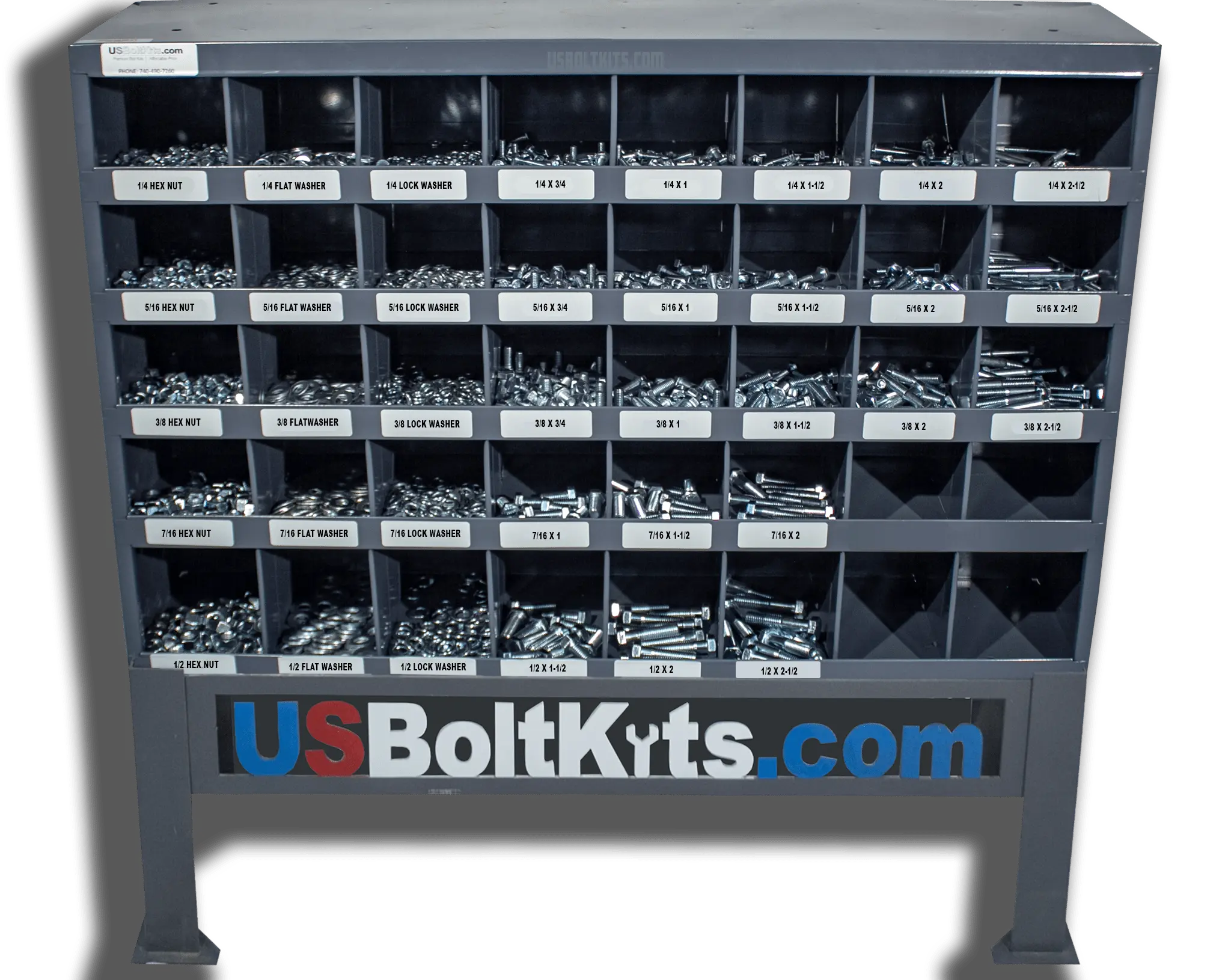 Heavy Duty Back-to-Bin Assortment Bin Kit with 2510 Metal Parts, 18-8 Stainless Steel Coarse Thread Fasteners, 40-Hole 33.75in x 8.5in x 22.25in Storage Case, 73 lbs Capacity Tool Organizer