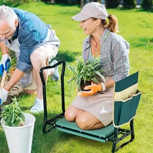 2-in-1 Green Metal Garden Kneeling Stool & Seat, Heavy-Duty Foldable Bench with Tool Pouch, EVA Foam Kneeling Pad, Portable Garden Tool Gear for Gardening & Camping