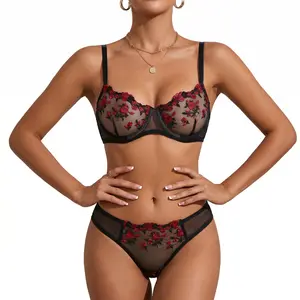 YIAII Women's 2 Piece Lingerie Set Floral Embroidered Sheer Mesh Underwire Bra and Panty