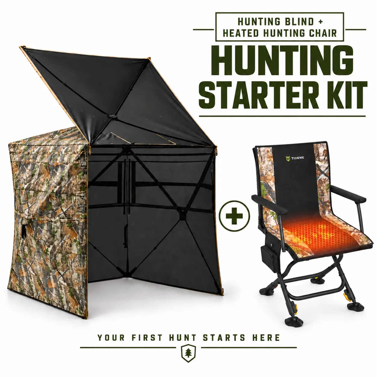 TIDEWE Hunting Starter Kit, 270° See-Through Pop-Up Hunting Blind + Heated Hunting Chair with 360° Swivel