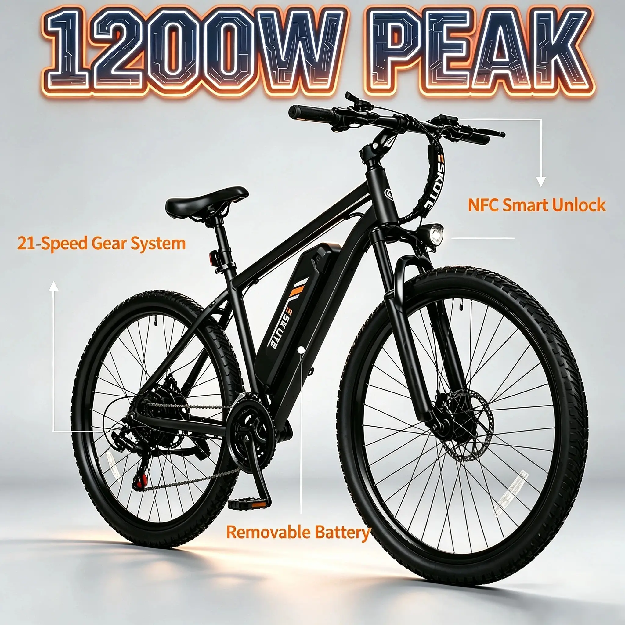 ESKUTE M200/M200F Electric Mountain Bike | 1200W Peak Motor, 28MPH Max Speed, 27.5" Tire Dual Suspension E-Bike, NFC Lock LCD Display 21-Speed Off Road Commuter E-Bicycle