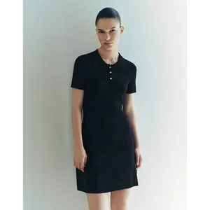 URBAN REVIVO 2026 Spring Women's Black Ribbed Knitted Collared Short-Sleeve Viscose Blend Bodycon Mini Dress - Casual Classy Bodycon Tube Dress, Women's Clothes, Basic Wear (UWG940180, Medium)