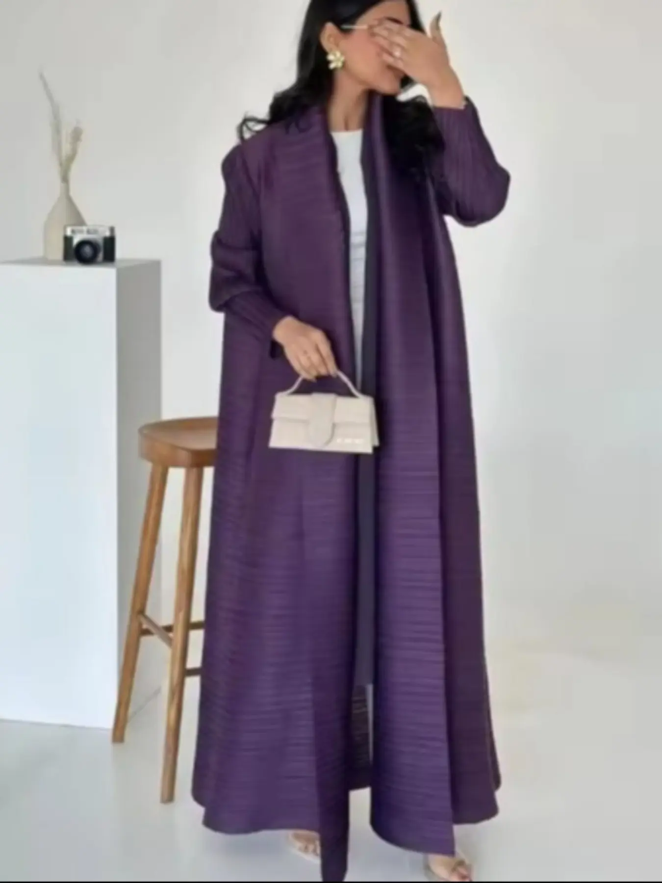 Women's Pleated Dark Purple Long Sleeve Cardigan Coat, Muslim Wrinkle-Free Robe, High-End Casual Elegant Style, Modesty Muslim Clothing
