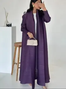 Women's Pleated Dark Purple Long Sleeve Cardigan Coat, Muslim Wrinkle-Free Robe, High-End Casual Elegant Style, Modesty Muslim Clothing
