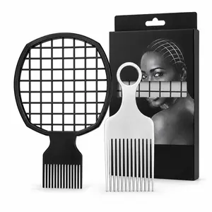 2Pcs Afro Twist Comb Set, Plastic Twist Sponge Comb & Metal Pick Comb for Natural Curly Hair, Coils, Braids, Dreadlocks, Root Lifting, Detangling, Fluffing & Barber Styling Tools for Men and Women、