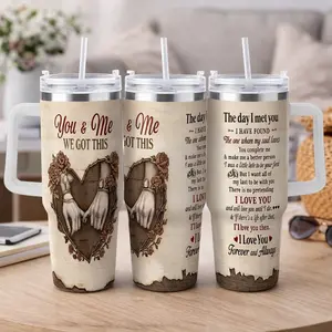 You And Me Love Quote Car Cup (40oz/30oz/20oz) Romantic Holding Hands Rose Heart Design Stainless Steel Insulated Tumbler Durable Leakproof Gift For Anniversary Wedding Valentine Home Office Travel