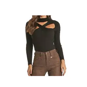 Rock & Roll: Ladies Black Ribbed Crisscross Turtleneck Long Sleeve