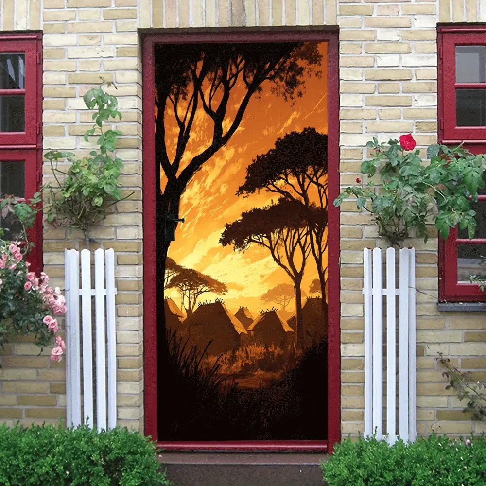 2pcs African Savanna Sunset Wall Sticker Primitive Tribe Thatched House Decorative Decal Living Room BedroomWall Mural Removable Self Adhesive Wallpaper Home Decoration Sticker