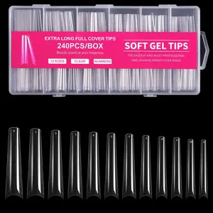 240Pcs 3XL Long Soft Gel Coffin Nail Tips, Clear Pre-shaped False Nails, Press On Nail Extensions for Salon & DIY 12 Sizes