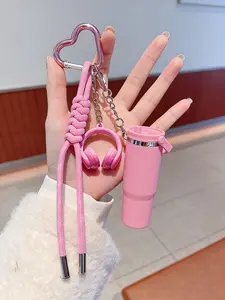Water Cup & Earphone-Themed Bag Charm Multiple Colors Available Contrast-Color Braided Cord Complex Design Sweet And Edgy Girl Style Fresh And Cute Distinctive And Stylish For Bags, Keys, And Earphone Cases Keychain Kawaii Purse Charms